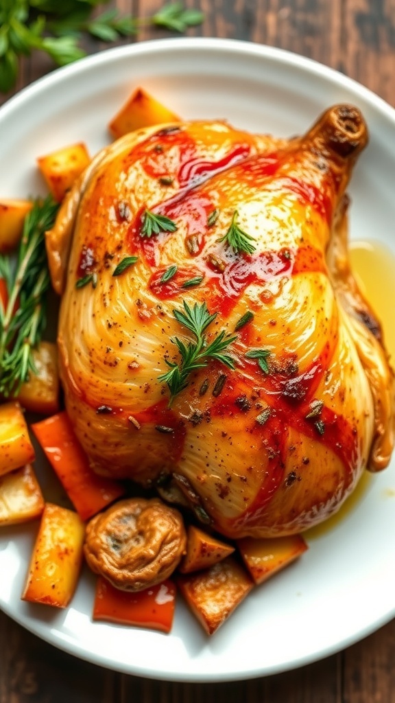 Juicy Roasted Chicken Breast Recipe Juicy roasted chicken breast garnished with herbs, served with roasted vegetables on a rustic table.